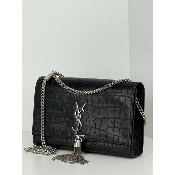 SAINT LAURENT Calfskin Crocodile Embossed Medium Kate Tassel Crossbody Black - Picture 1 of 16
